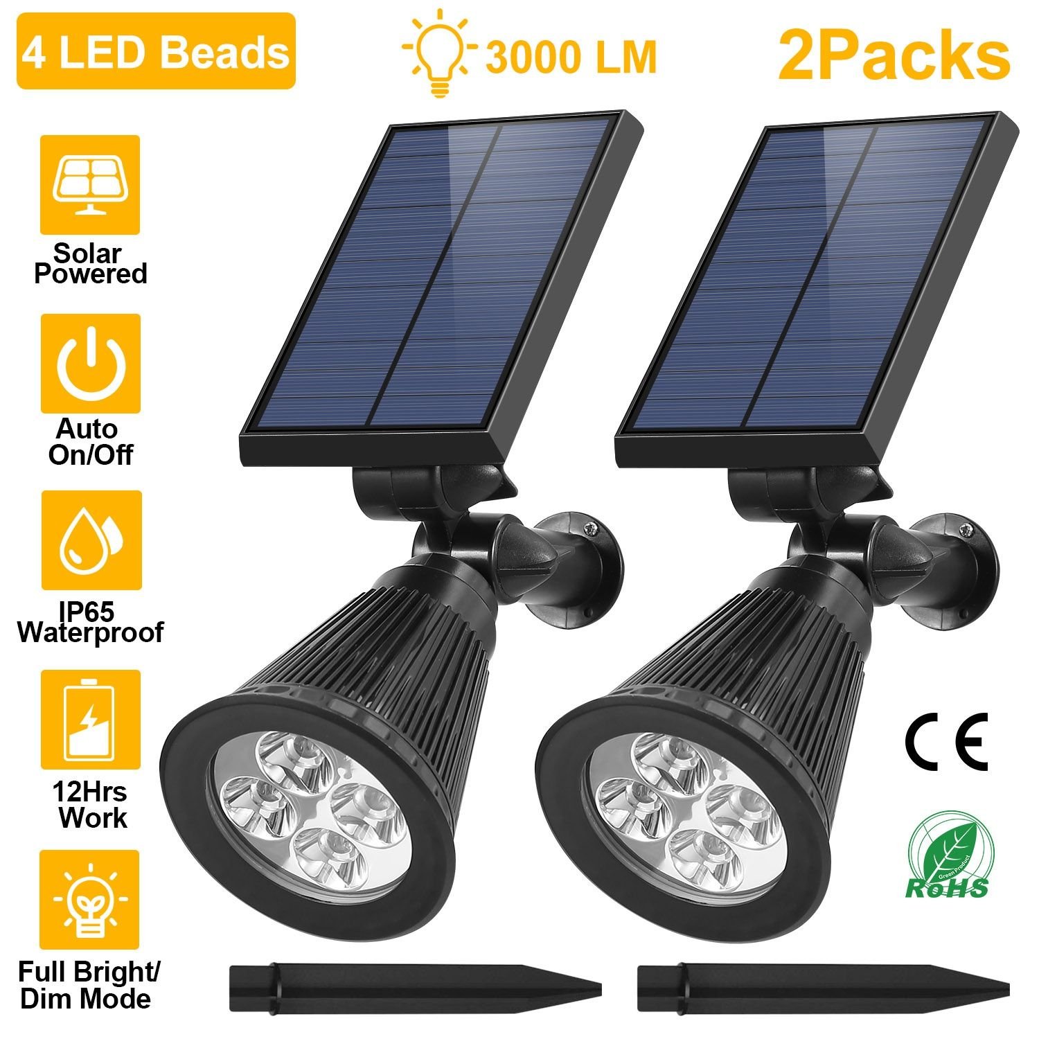 2Pcs Solar Spotlight Outdoor Dusk To Dawn Light Wall Path Lawn Garden Lamp Waterproof 2Pcs Solar Spotlight Outdoor Dusk To Dawn Light Wall Path Lawn Garden Lamp Waterproof